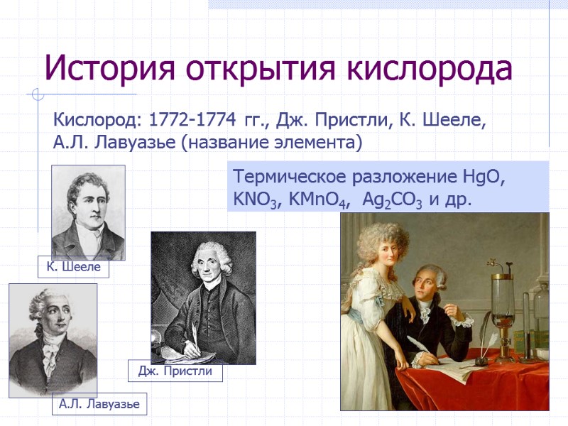 История открытия кислорода Кислород: 1772-1774 гг., Дж. Пристли, К. Шееле, А.Л. Лавуазье (название элемента)